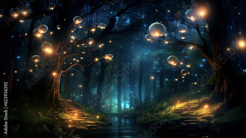 fantasy forest with tree and twinkled light. fairy tale background. generative AI