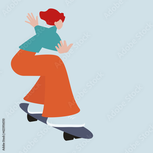 Young girl skating 70s style Copy space Vector illustration Isolated on gray background