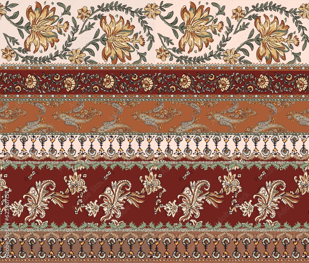 Printed patchwork pattern with paisley and floral Hindu style motifs. border style pattern for textile and decoration