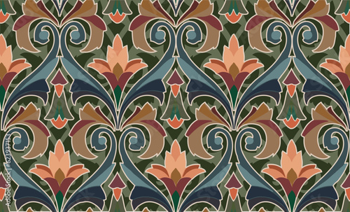 colorful damask pattern with vintage tapestry motifs, perfect for fabrics and decoration