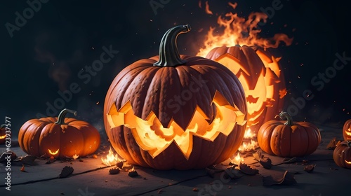 Pumpkin Halloween in fire image art illustration, generative Ai art 