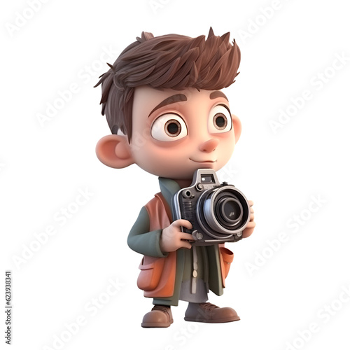 3D rendering of a cute cartoon boy with a camera on a white background © Waqar