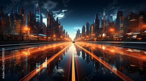 Journey to the Future: 3D Rendering of Hyperloop Warp Speed with City Lights Blur in Mega City at Night © Yaiza Canvas