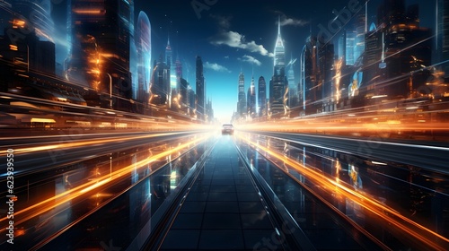 Journey to the Future  3D Rendering of Hyperloop Warp Speed with City Lights Blur in Mega City at Night