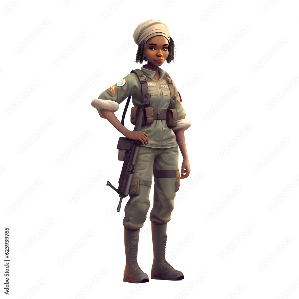 African American female soldier with assault rifle on white background. 3D rendering