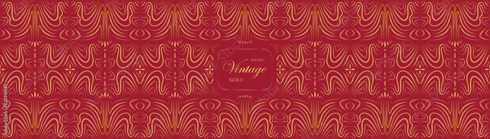 Pattern vintage seamless luxury gold oriental in red background.