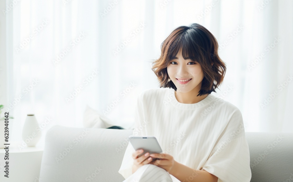 手に持ったスマホを笑顔で見つめる若い女性 手に持ったスマホを笑顔で見つめる若い女性