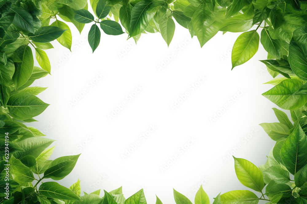 Naklejka premium Empty space surrounded by beautiful leaves with an empty backdrop and beautiful lighting and bokeh. Green leaves frame. Illustration, Generative AI.