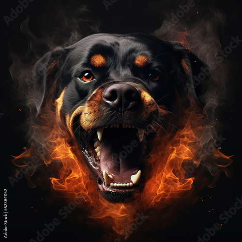 Obraz na płótnie Image of angry rottweiler dog face and flames on dark background