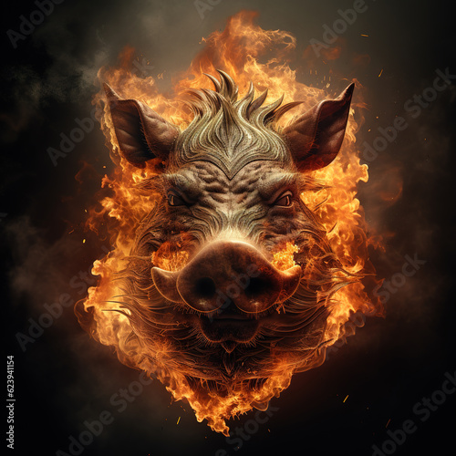 Image of angry pig face and flames on dark background. Farm animals. Illustration, Generative AI.