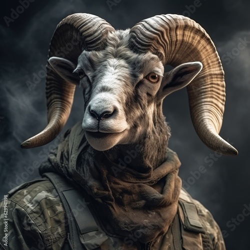 Portrait of a bighorn sheep dressed in a tactical military outfit on a clean background. Farm animals. Illustration, Generative AI.