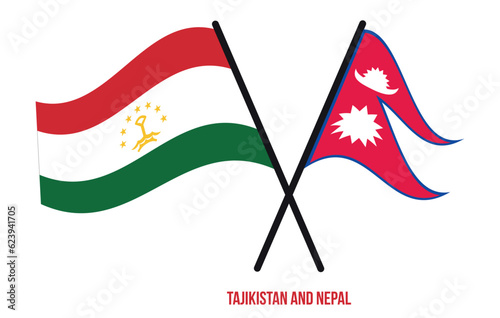 Tajikistan and Nepal Flags Crossed And Waving Flat Style. Official Proportion. Correct Colors.