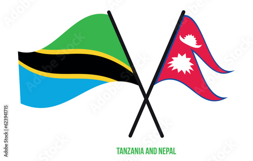 Tanzania and Nepal Flags Crossed And Waving Flat Style. Official Proportion. Correct Colors.