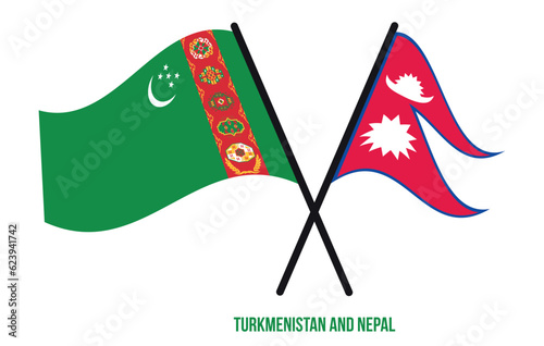 Turkmenistan and Nepal Flags Crossed And Waving Flat Style. Official Proportion. Correct Colors.