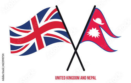 United Kingdom and Nepal Flags Crossed And Waving Flat Style. Official Proportion. Correct Colors.