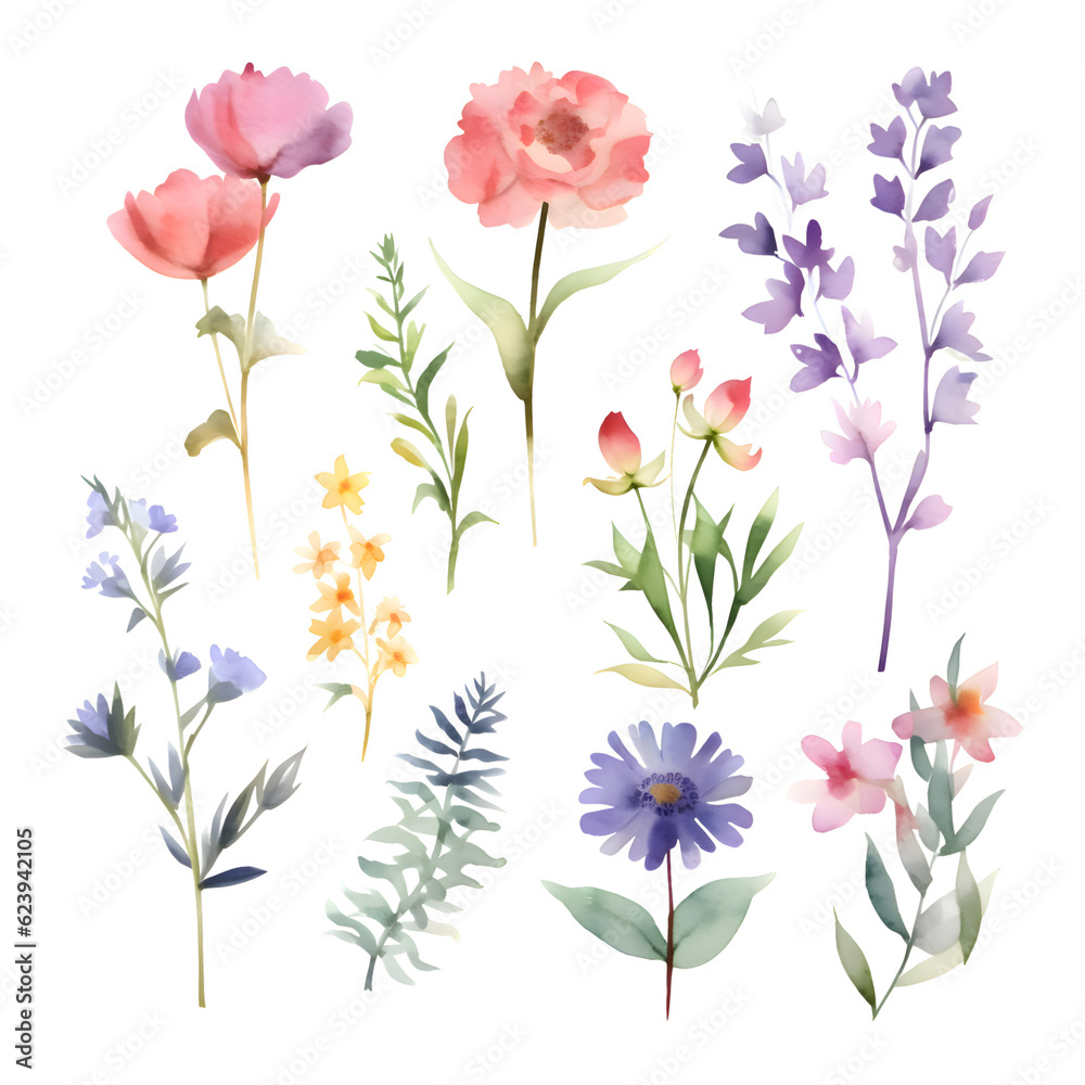 Watercolor flowers set. Hand painted floral illustration isolated on white background