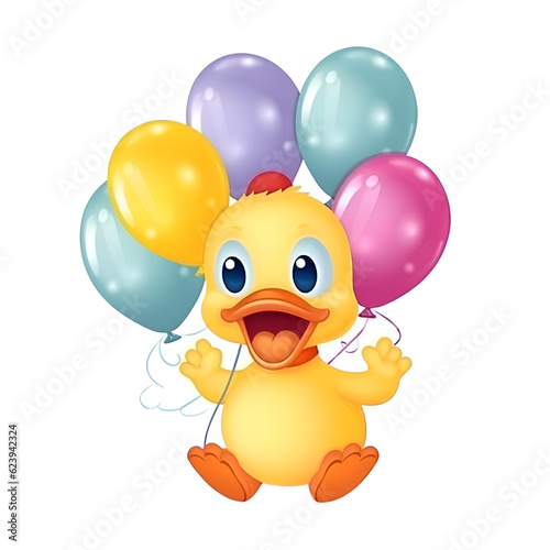 Cute duck with balloons isolated on white background. Vector illustration.