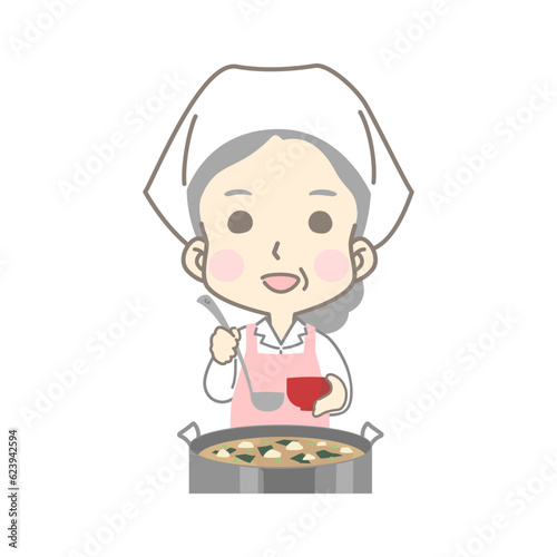 お椀に盛り分ける笑顔の調理スタッフ（給食センター・食堂・調理加工）