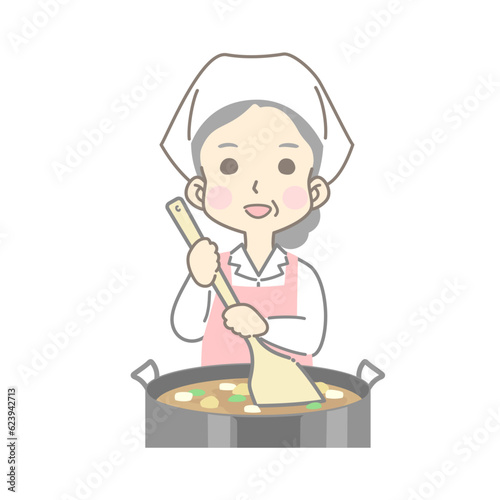 お鍋をかき混ぜる笑顔の調理スタッフ（給食センター・食堂・調理加工）