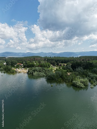The Koprinka dam - massive reservoir (lake) near the town of Kazanlak with the Balkan mountains in the backdrop 