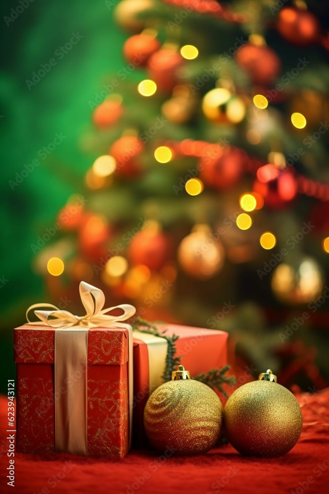 christmas decorations, green tree with red ribbon and gold balls, under gift boxes