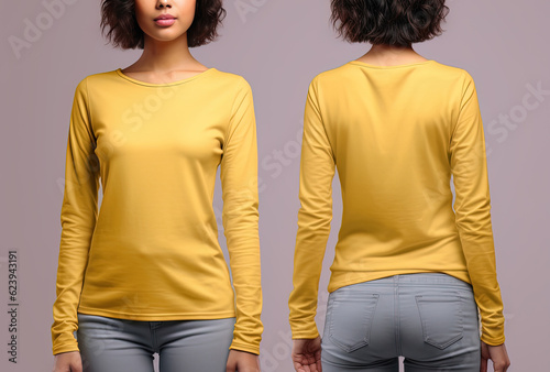 Woman wearing a yellow T-shirt with long sleeves. Front and back view