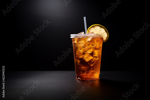 Iced lemon tea on plastic takeaway glass isolated on dark background