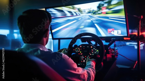 A gamer with a headset playing car racing with a steering wheel controller photo