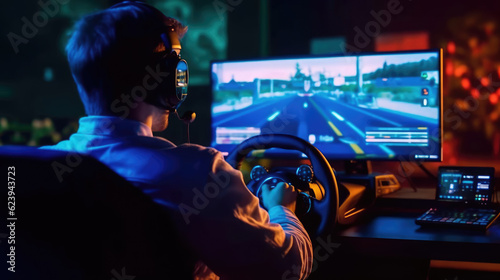 A gamer with a headset playing car racing with a steering wheel controller