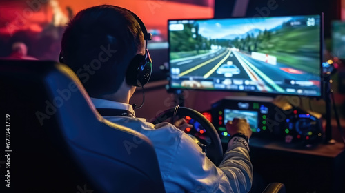 A gamer with a headset playing car racing with a steering wheel controller © didiksaputra