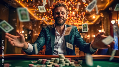 A happy man winning poker in casino and money flying around him