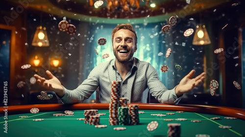A happy man winning poker in casino and money flying around him photo