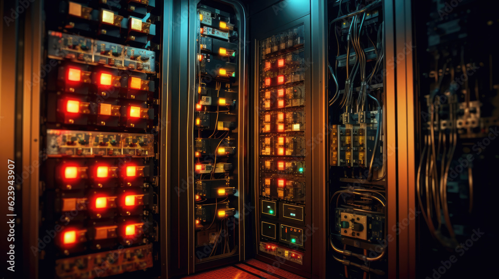 Electrical distribution cabinet. Panel with wires and switches at enterprise Electrical distribution cabinet. Panel with wires and switches at enterprise