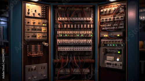 Electrical distribution cabinet. Panel with wires and switches at enterprise