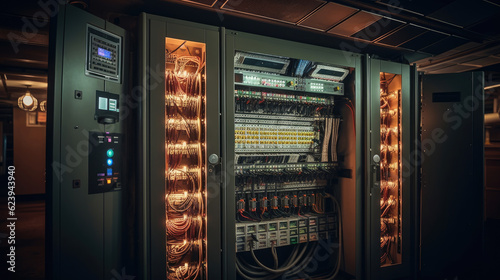 Electrical distribution cabinet. Panel with wires and switches at enterprise