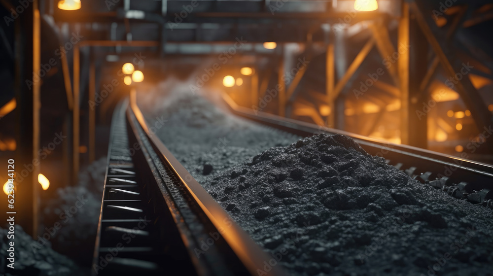 Coal being transferred on a conveyor belt underground
