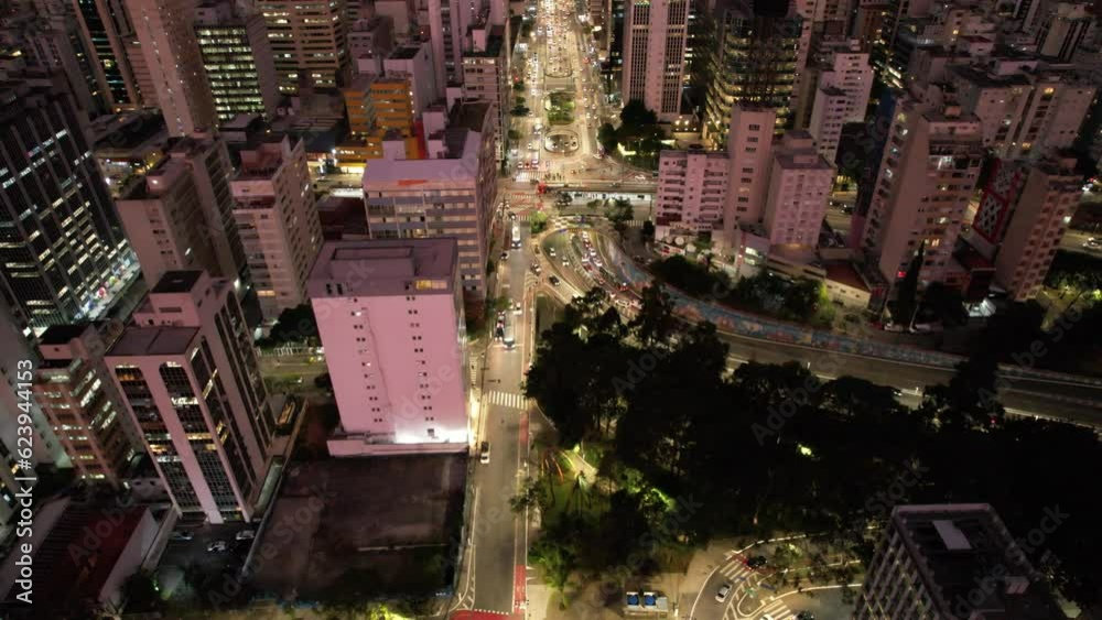 Aerial view of Av. Paulista in Sao Paulo, SP. Main avenue of the capital. Photo at night, with car lights.