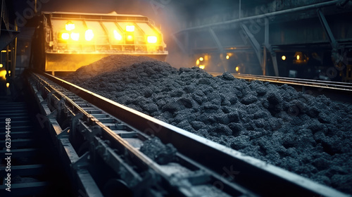Coal being transferred on a conveyor belt underground