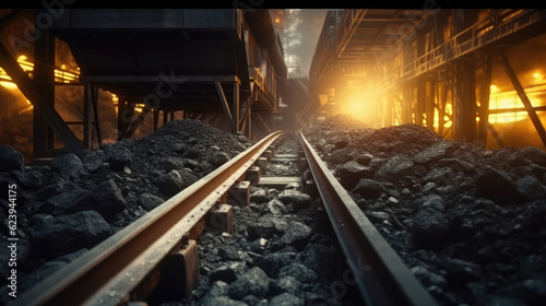 Fotografie, Obraz Coal being transferred on a conveyor belt underground