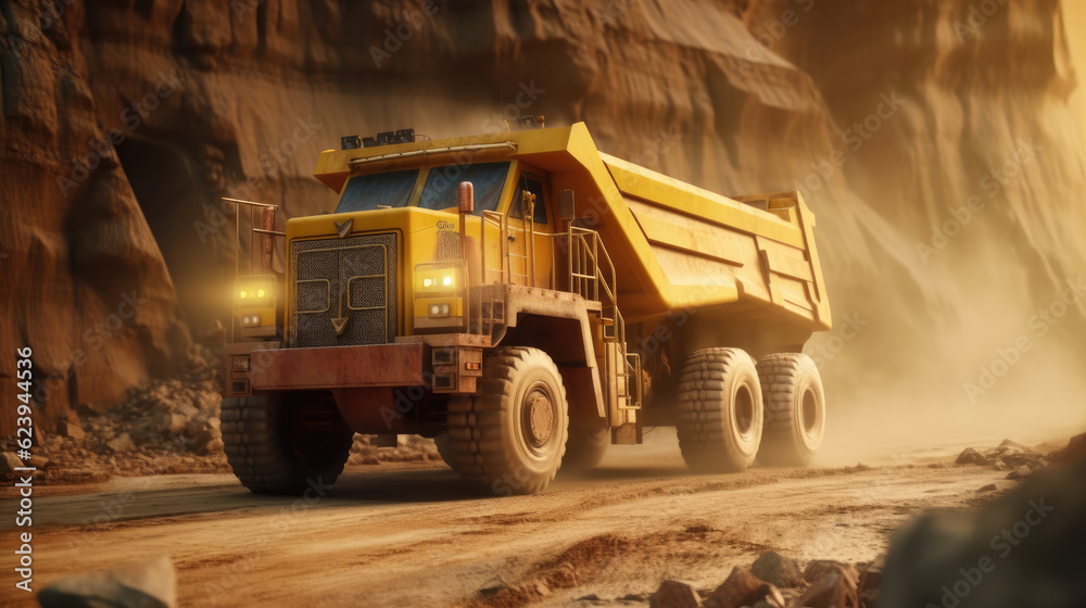 A yellow haul truck in the mine A yellow haul truck in the mine