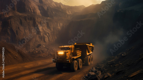 A yellow haul truck in the mine