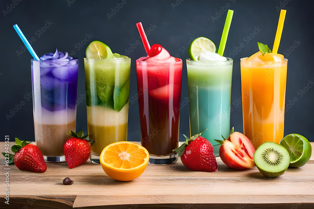 Variety of fruit cocktails, popular bubble tea, chocolate fruit flavor. Trendy Asian summer drinks Variety of fruit cocktails, popular bubble tea, chocolate fruit flavor. Trendy Asian summer drinks