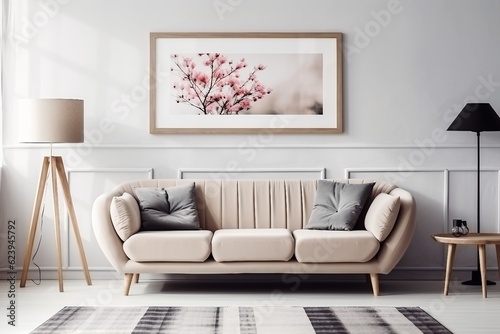 interior design, Beige couch standing against white wall with molding and watercolor poster in cozy living room interior. created generative ai. 