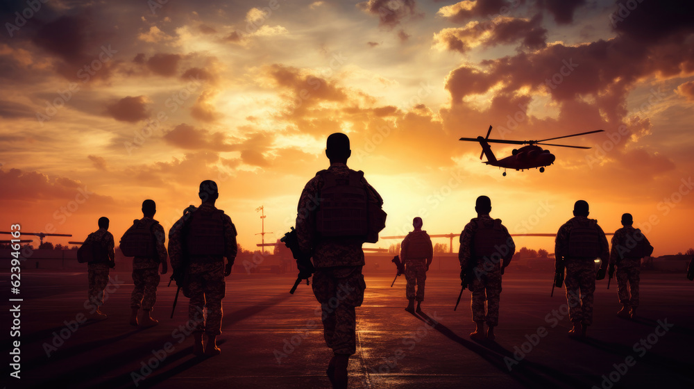 Military silhouettes of soldiers and airforce against the backdrop of sunset sky.