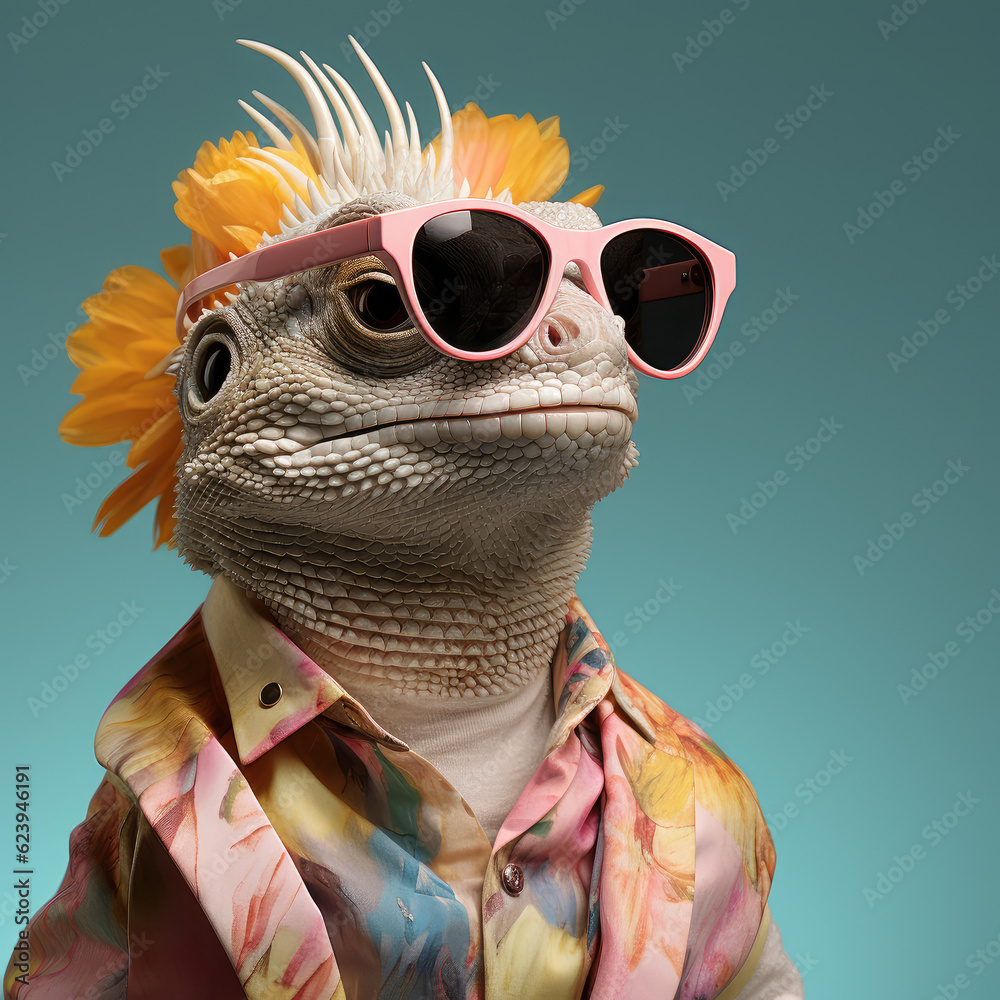 colorful lizard wearing sunglasses, simple pastel color background