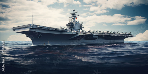 Military aircraft carrier ship sailing on sea at sunset