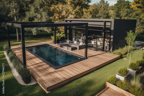 Valokuva Modern black bioclimatic pergola with view on an outdoor patio