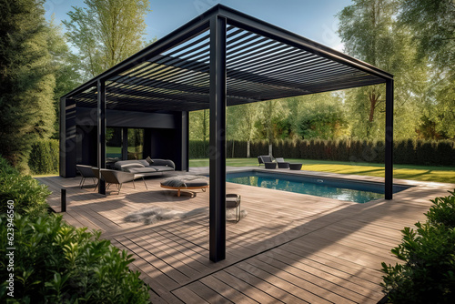 Fototapete Modern black bioclimatic pergola with view on an outdoor patio