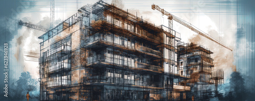 Illustration digital building construction engineering with double exposure graphic design. Building engineers, architect people, or construction workers working. Generative AI photo