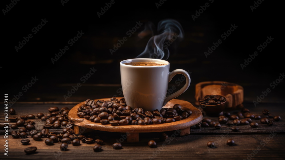 Fototapeta premium hot coffee with coffee beans on wood table
